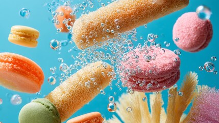 Assorted colorful sweets floating underwater for surreal candy advertisement and product branding visuals concept