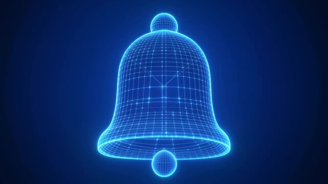 Glowing blue wireframe bell with grid structure on dark background, symbolizing digital alerts and communication.