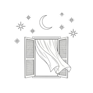 A simple line art drawing of an open window with a curtain blowing in the breeze under a starry night sky.