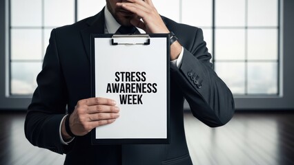 Stressed businessman holds a clipboard with "Stress Awareness Week" message, conveying internal struggle and mental health concerns