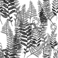 This is a monochrome watercolor illustration featuring hand-painted fern leaves arranged in a seamless botanical pattern. It can be used for wallpapers, textile prints, packaging design, stationery.
