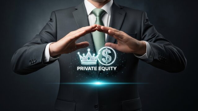 Sophisticated businessman projects luminous "Private Equity" holographic display, symbolizing financial growth and strategic investment opportunities in a dynamic market - Powered by Adobe