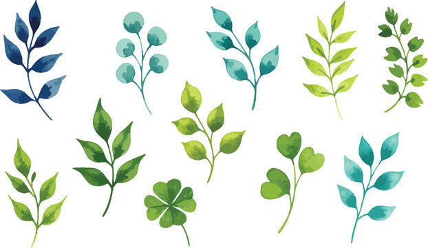 Watercolor illustration of various green and blue leaves and stems