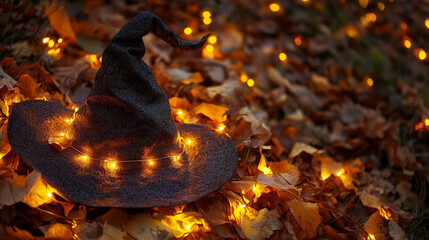Close-up of a witch&acirc;s hat resting on autumn leaves, warm orange magical light trails, seasonal Halloween atmosphere, natural textures
