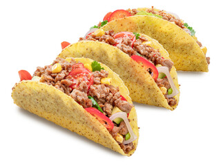 Mexican meat taco or beef stuffed tortilla isolated on white background. File contains clipping path.