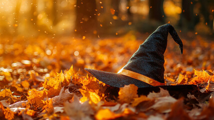 Close-up of a witch&acirc;s hat resting on autumn leaves, warm orange magical light trails, seasonal Halloween atmosphere, natural textures