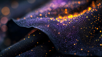 Close-up macro shot of a witch&acirc;s hat fabric, fine stitching visible, tiny glowing magical particles and light trails, ultra-detailed realism
