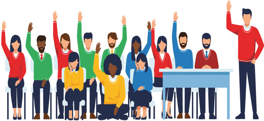 Large group of diverse people raising hands in a meeting or classroom setting, audience participation and community engagement flat vector illustration.