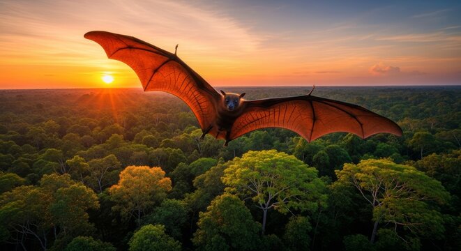 Indian flying fox hanging from tree branches with large wingspan and dark fur. A giant fruit bat known for its social roosting behavior and important role in seed dispersal.