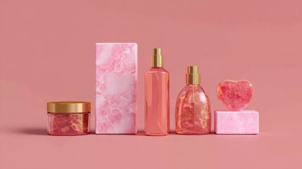 Pink cosmetic products with floral texture background for feminine skincare branding and pastel tone beauty photography setup