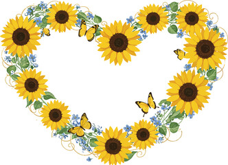 Heart shaped arrangement of sunflowers and flowers on white background