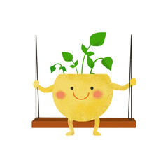Cute smiling plant pot character swinging happily with green sprouts, playful flat vector illustration for kids, eco branding, nursery decor, stickers, and modern design.