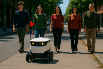 People in a futuristic mood walking alongside a delivery robot on a city sidewalk