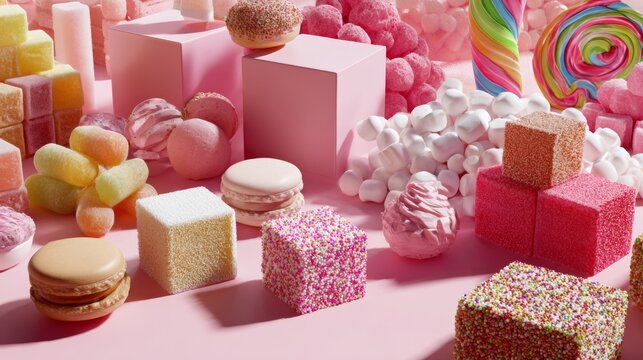 Pink candy, macarons and confections with pastel boxes for colorful sweet product branding and dessert photography scene