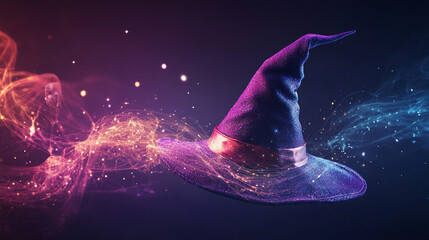Close-up of a witch&acirc;s hat against a dark gradient background, elegant flowing magical light trails, clean commercial fantasy style
