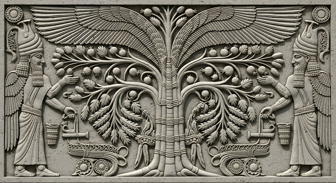 Ancient Mesopotamian stone relief carvings depict four Assyrian figures holding staffs in a ritual procession