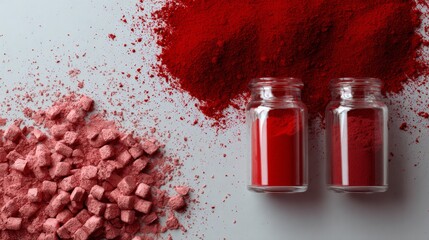 Red powdered ingredients and jars for spice or supplement branding and bold culinary product photography visuals concept scene