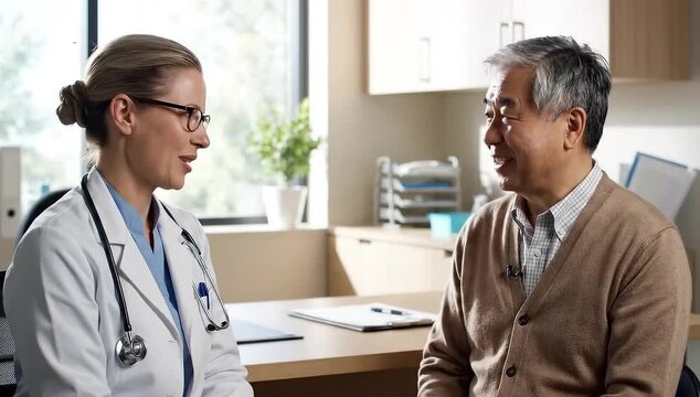 Female Doctor Consulting with Elderly Asian Patient in Clinic Setting