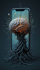 A glowing brain with organic roots emerging from a smartphone mobile screen