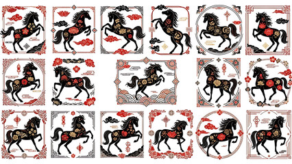 Lunar New Year zodiac horse graphics with red and gold motifs