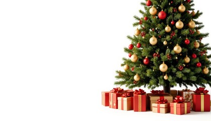 Composition with Christmas tree and gifts isolated on white background