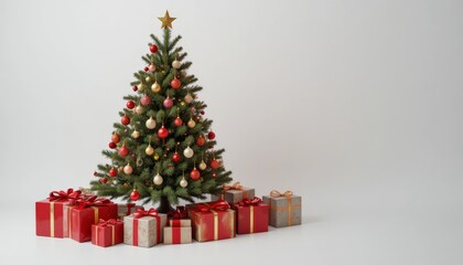 Composition with Christmas tree and gifts isolated on white background