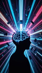 Silhouette of a human head with a glowing blue brain and devices