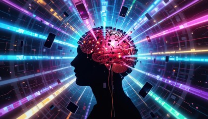 Silhouette of a human head with pink brain inside a digital tunnel