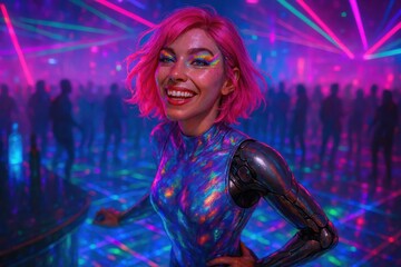 Energetic Nightlife Scene with Pink Haired Woman and Cybernetic Arm