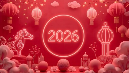 Chinese New Year 2026 Claymation Illustration with Neon Pink, Red Colors