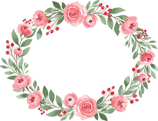 Pink floral wreath with green leaves and red berries on white background