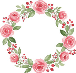 Watercolor floral wreath with pink roses and green leaves on white background