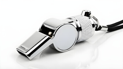 A close-up shot of a shiny silver whistle