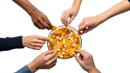 A man and a woman holding a golden ring over a dinner plate with healthy bread and cheese during a shared meal