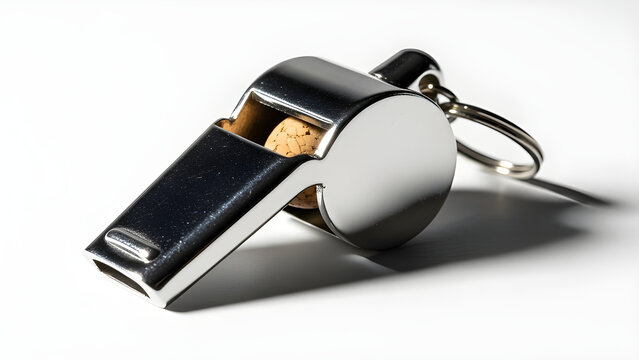 Shiny silver metal whistle isolated on a white background, a professional steel referee tool and sports coach equipment used for soccer and security