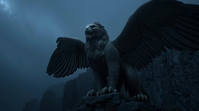 Winged Lion Griffin Statue on Mountain Rock Dark Fantasy Setting