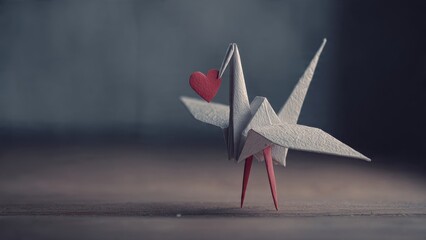 Origami Crane Holding a Red Heart