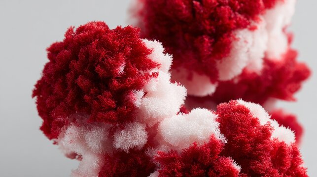 Abstract red and white fuzzy objects resembling coral for scientific or artistic branding and texture-focused product photography concept
