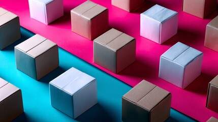 Obraz premium 3D blocks in blue and pink isometric layout for vibrant abstract branding and digital product photography visual design setup