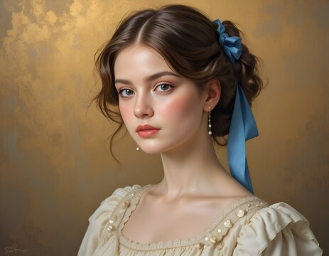 Classical portrait of a beautiful young woman with brown hair, wearing a cream dress and a blue ribbon in her hair against a golden background.