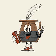 Retro Cartoon Ink Pot Mascot Holding Book