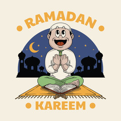 Retro Cartoon Muslim Boy Mascot Praying at Night During Ramadan