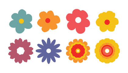 Set Of Flowers Icon, Colorful Flower Illustrations with Unique Petal and Center Designs.
