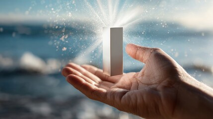 Hand holding glowing cosmetic product bottle with magical sparkles and soft ocean background at sunset