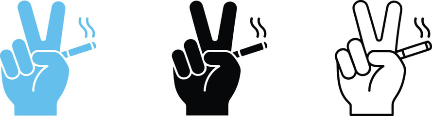 Obraz premium Hand holding cigarette with peace sign gesture icons in blue solid black and outline styles for health concepts.