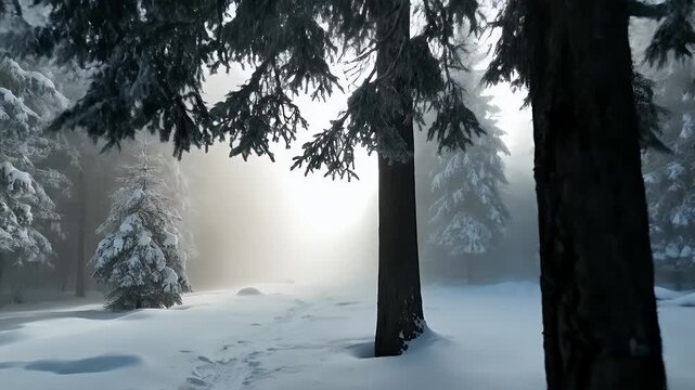 Serene Winter Wonderland: Snow-Covered Trees and Foggy Ambiance in a Forest Landscape