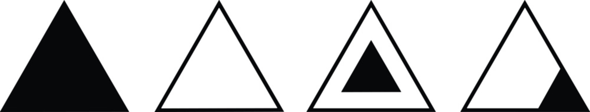 Set of simple geometric triangle icons featuring solid black outline and abstract minimal shapes for modern graphic design.