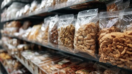 Aisle view of packed snacks and dry food products in transparent bags on supermarket shelf