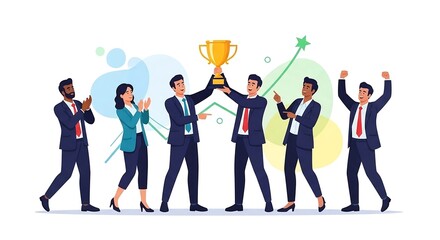 Obraz premium Business team celebrates with trophy