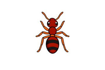 Simple cartoon illustration of a red and black striped ant insect character with big white eyes isolated on a solid black background.